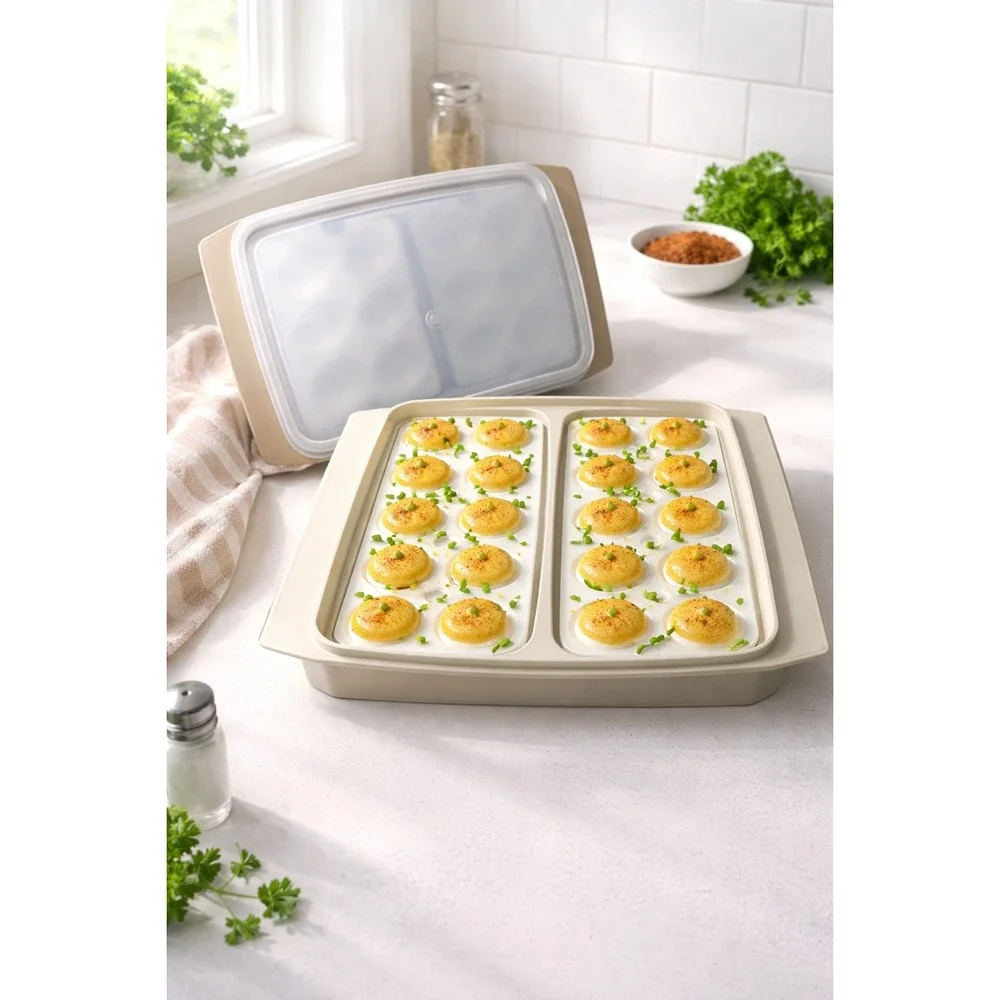 Vintage Tupperware Deviled Egg Carrier Almond Beige 16 Slot Server Bundle Set